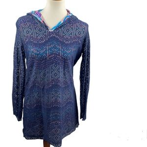 Title Nine Women’s Laser Cut Hooded Blue Tunic Beach Cover Up Size Medium